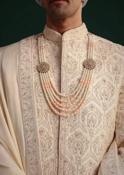 Gold Silk Zari Embroidered Sherwani Suit With Dupatta And Mala