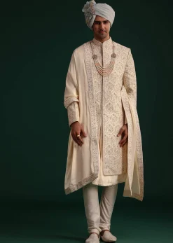 Gold Silk Zari Embroidered Sherwani Suit With Dupatta And Mala
