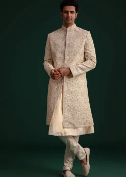Gold Silk Zari Embroidered Sherwani Suit With Dupatta And Mala
