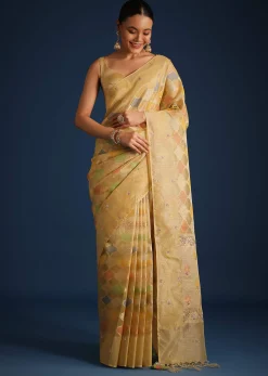 Gold Tissue Chanderi Rangkart Saree with Zardosi Work