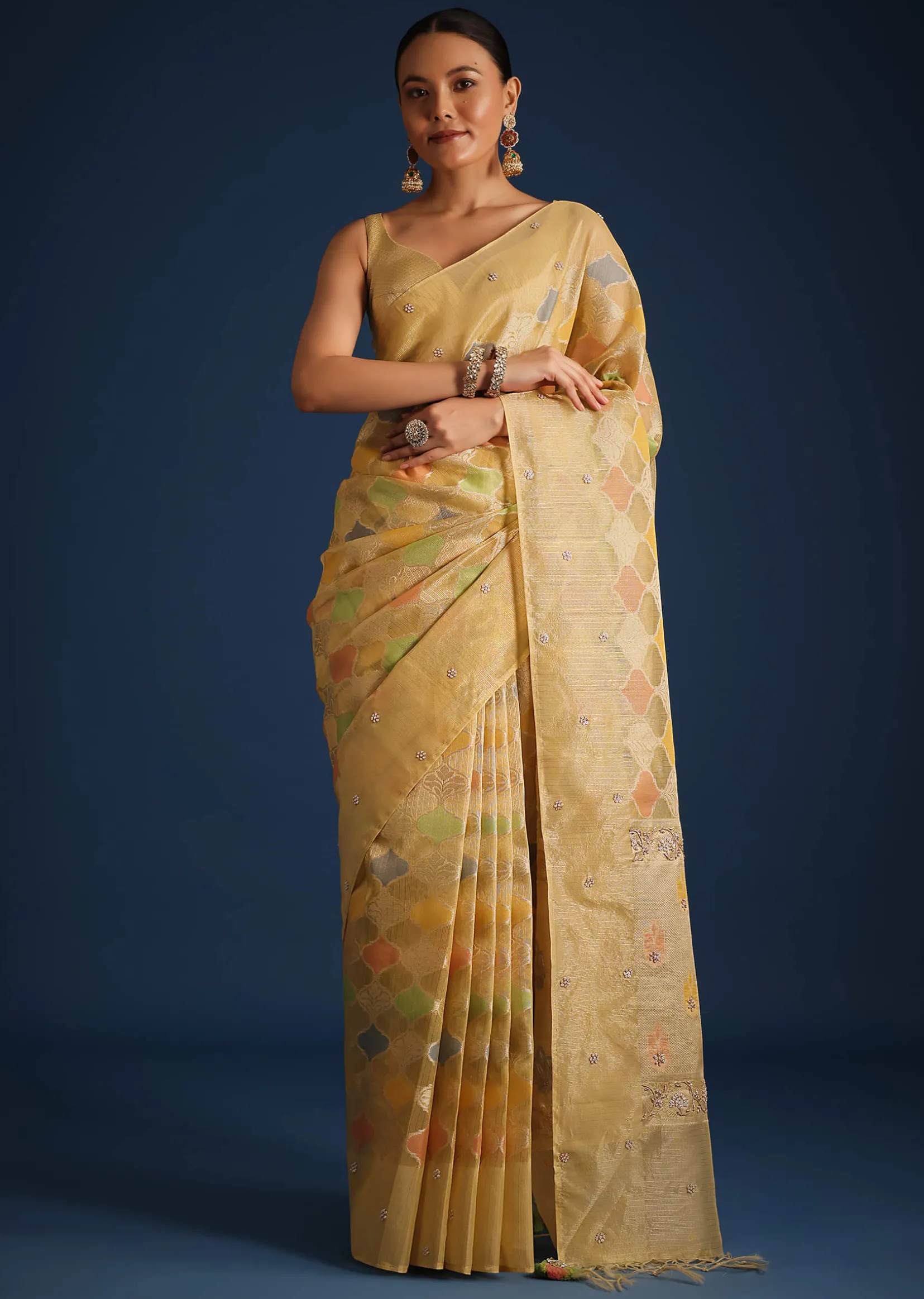 Gold Tissue Chanderi Rangkart Saree with Zardosi Work