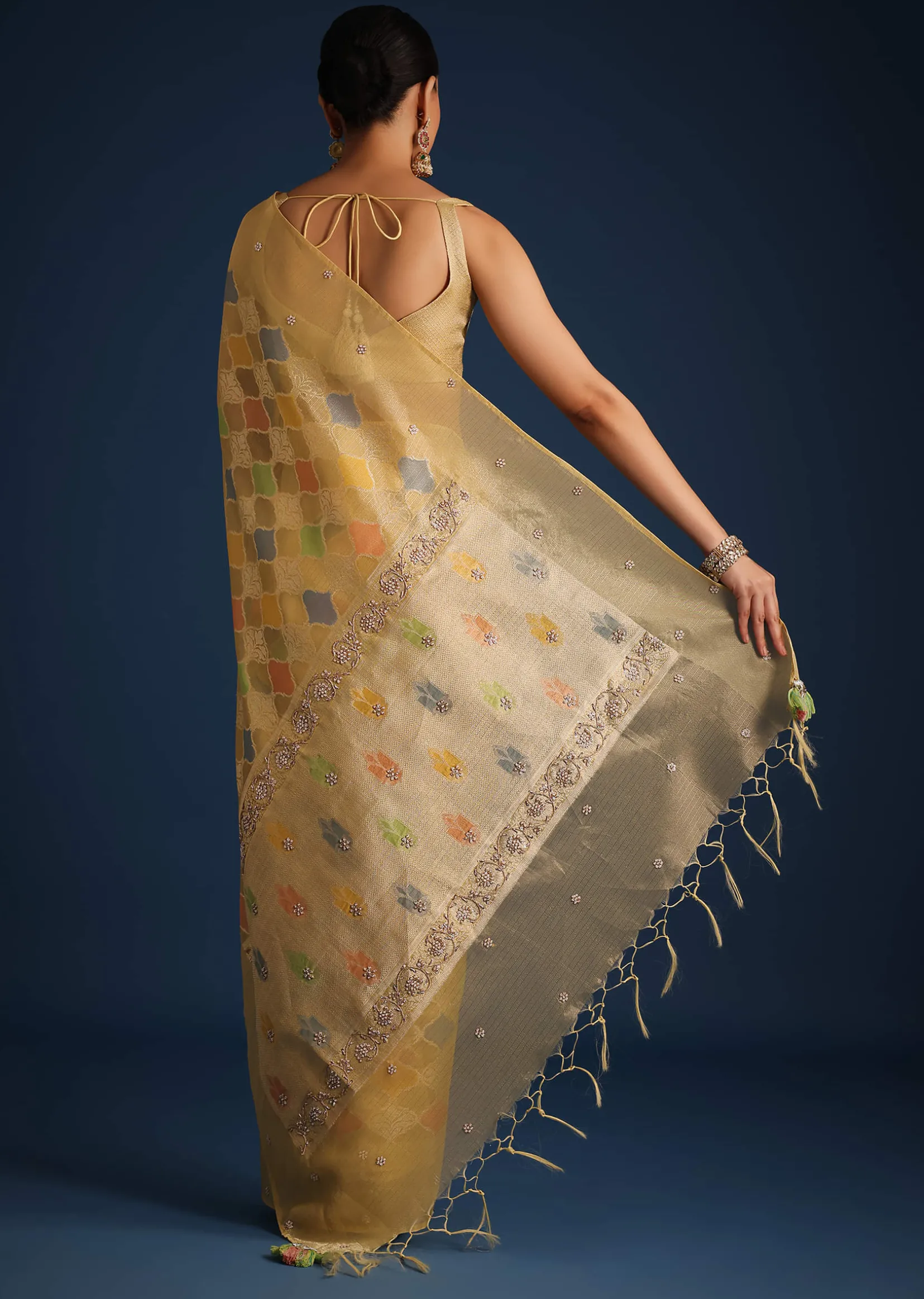Gold Tissue Chanderi Rangkart Saree with Zardosi Work