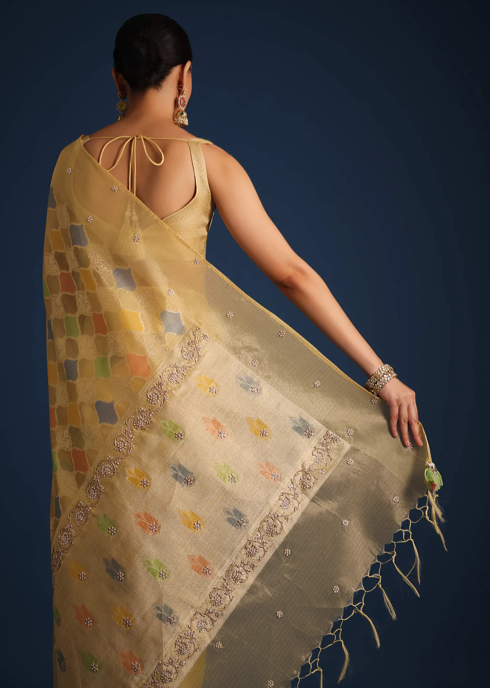 Gold Tissue Chanderi Rangkart Saree with Zardosi Work