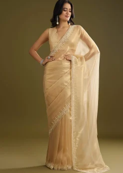 Gold Tissue Embroidered Saree With Cutwork Scallop Border