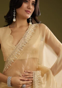 Gold Tissue Embroidered Saree With Cutwork Scallop Border