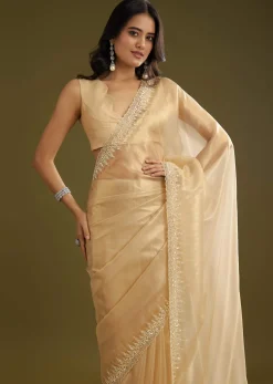 Gold Tissue Embroidered Saree With Cutwork Scallop Border