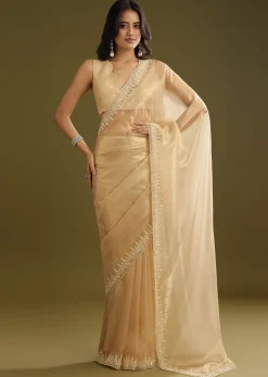 Gold Tissue Embroidered Saree With Cutwork Scallop Border