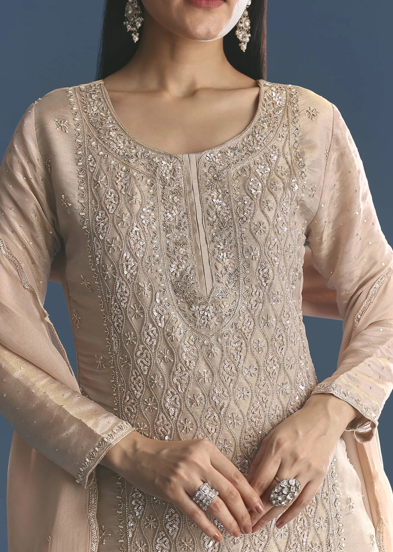 Gold Tissue Kurta Sharara Set With Beads And Sequins Work