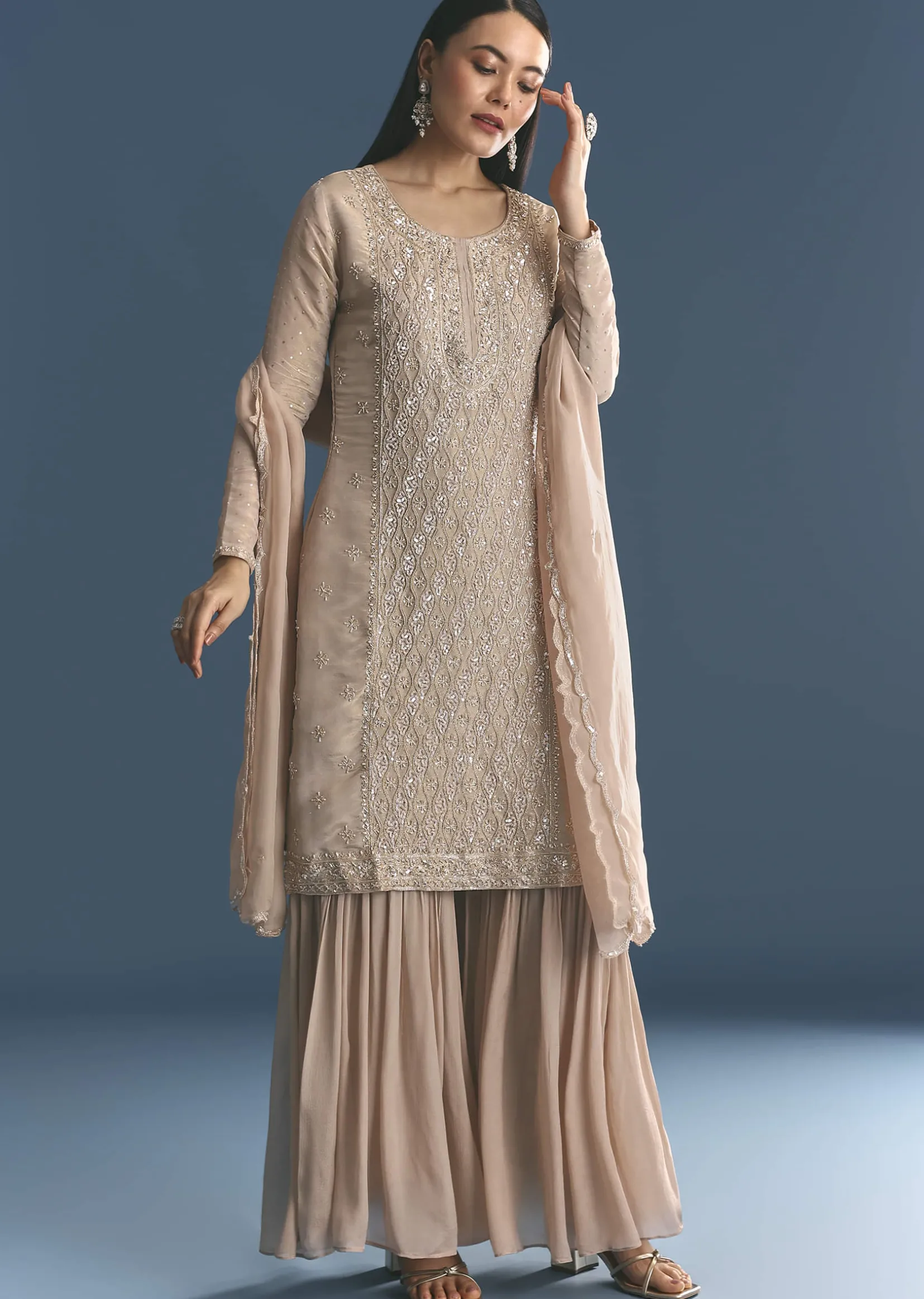 Gold Tissue Kurta Sharara Set With Beads And Sequins Work
