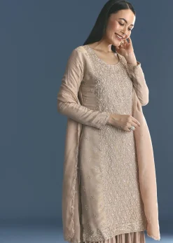 Gold Tissue Kurta Sharara Set With Beads And Sequins Work