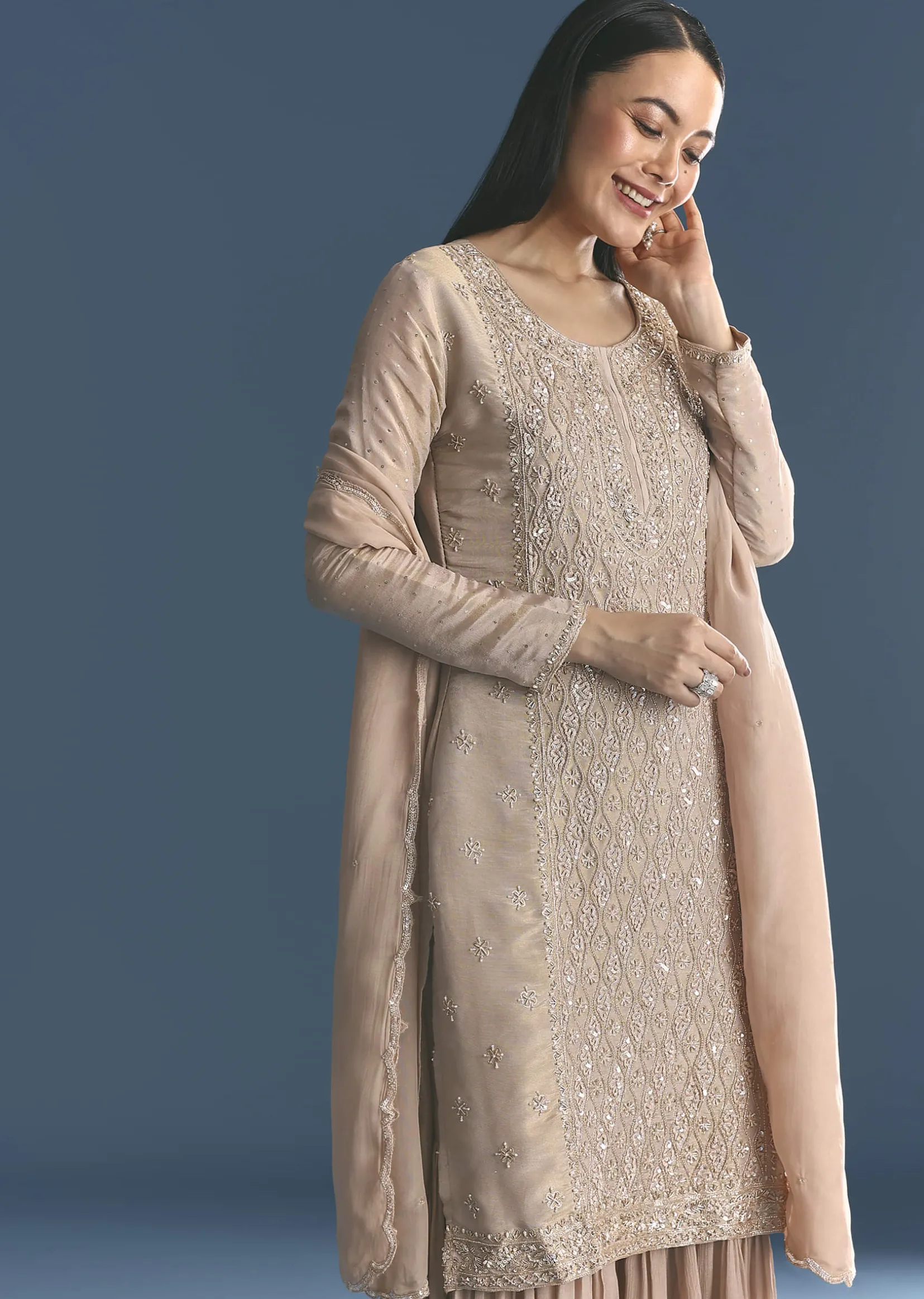 Gold Tissue Kurta Sharara Set With Beads And Sequins Work