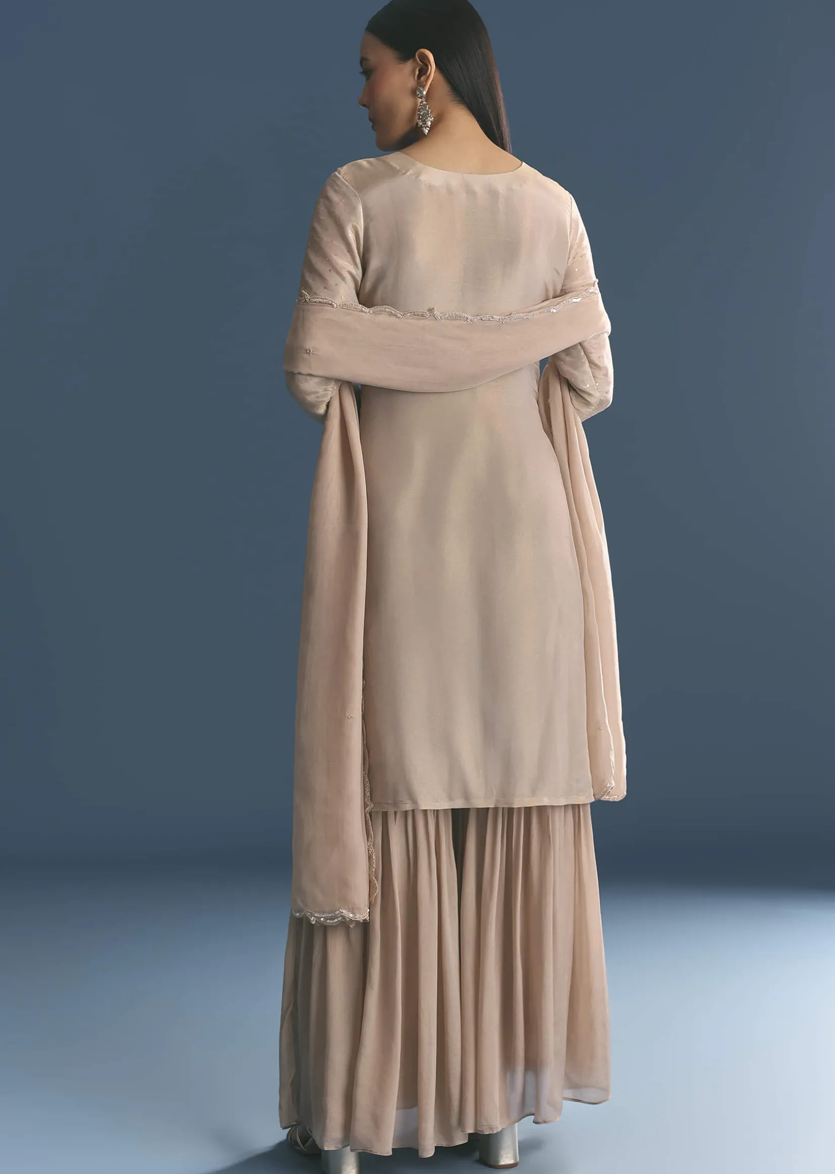Gold Tissue Kurta Sharara Set With Beads And Sequins Work