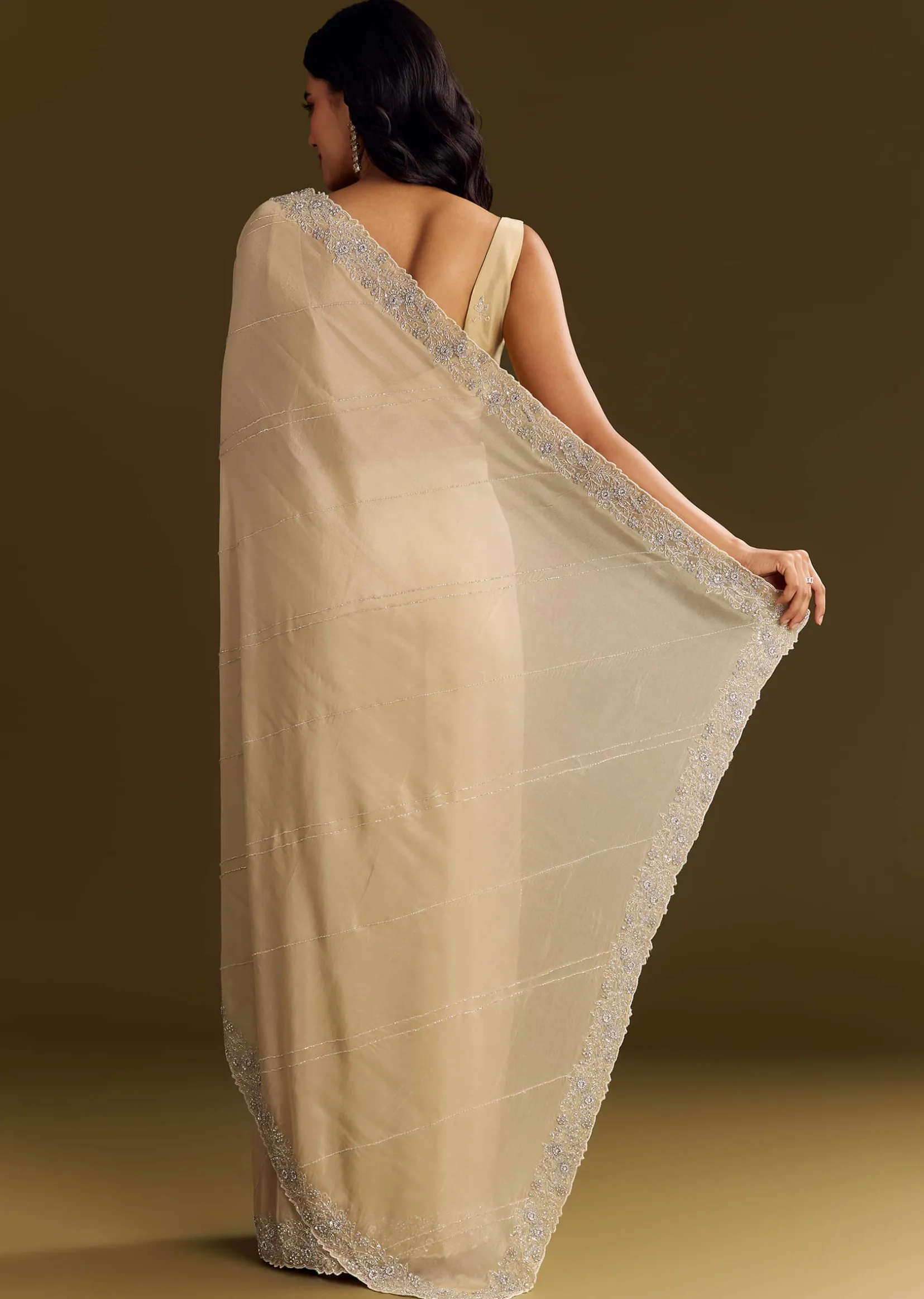 Gold Tissue Saree With Cutdana And Beads Scallop Border