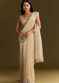 Gold Tissue Saree With Cutdana And Beads Scallop Border