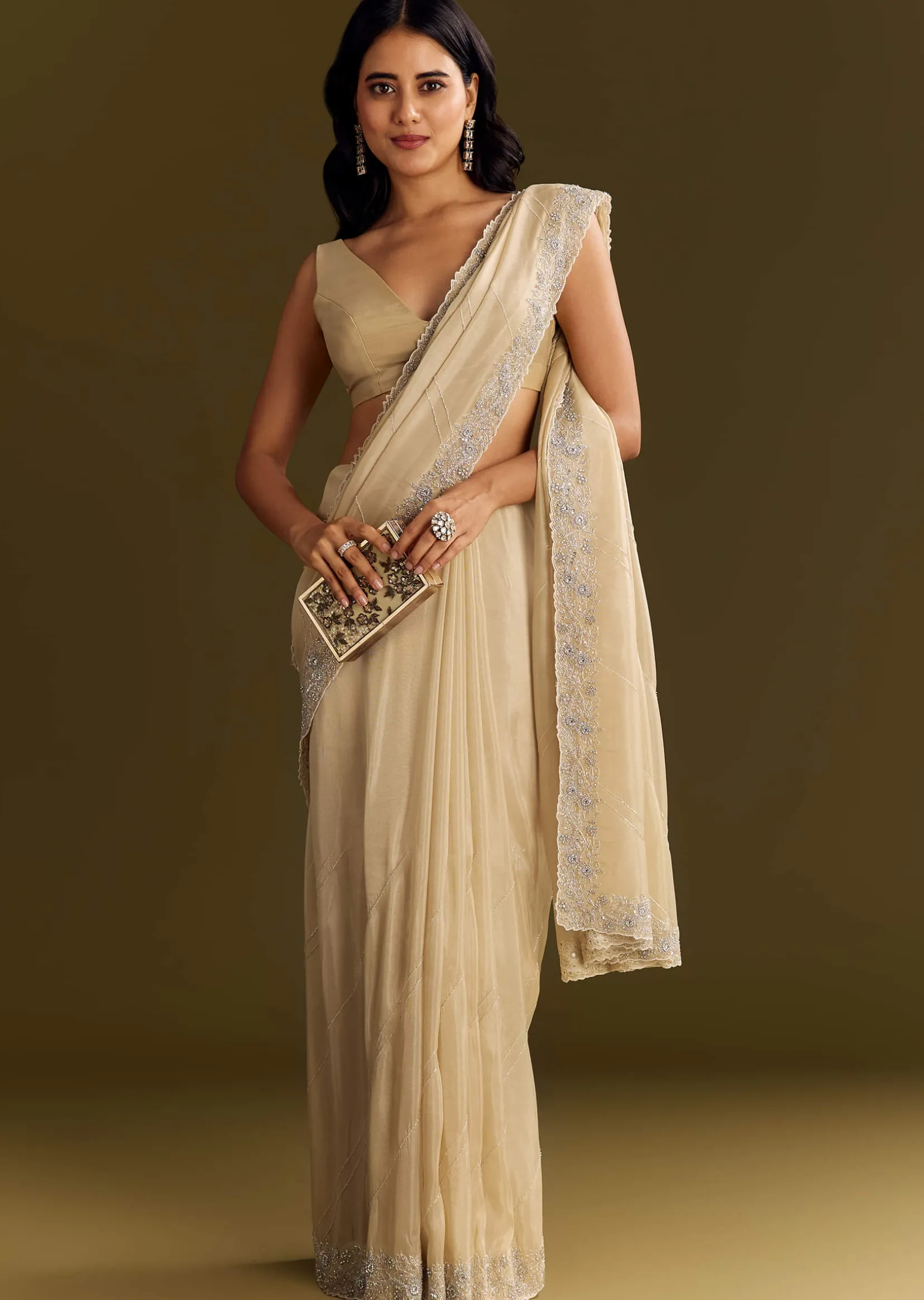 Gold Tissue Saree With Cutdana And Beads Scallop Border