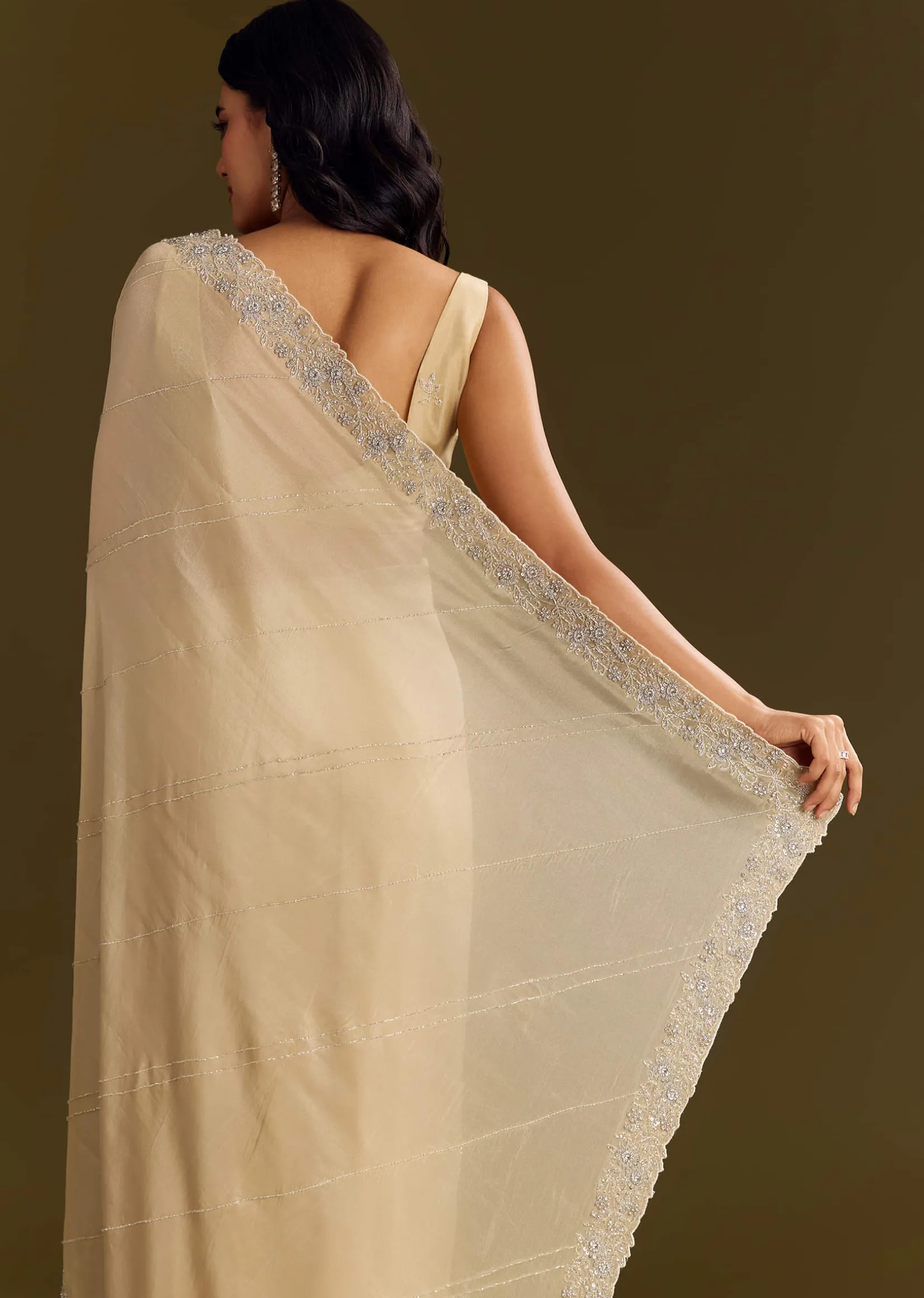 Gold Tissue Saree With Cutdana And Beads Scallop Border