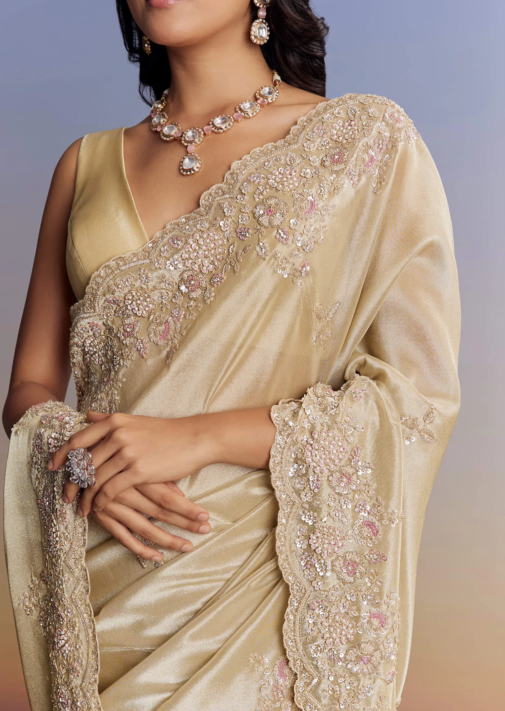 Gold Tissue Saree With Cut Dana Embroidery