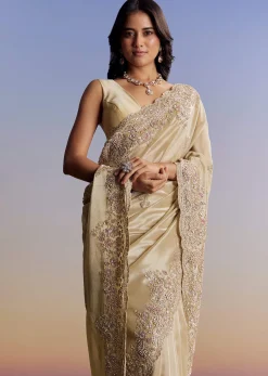 Gold Tissue Saree With Cut Dana Embroidery