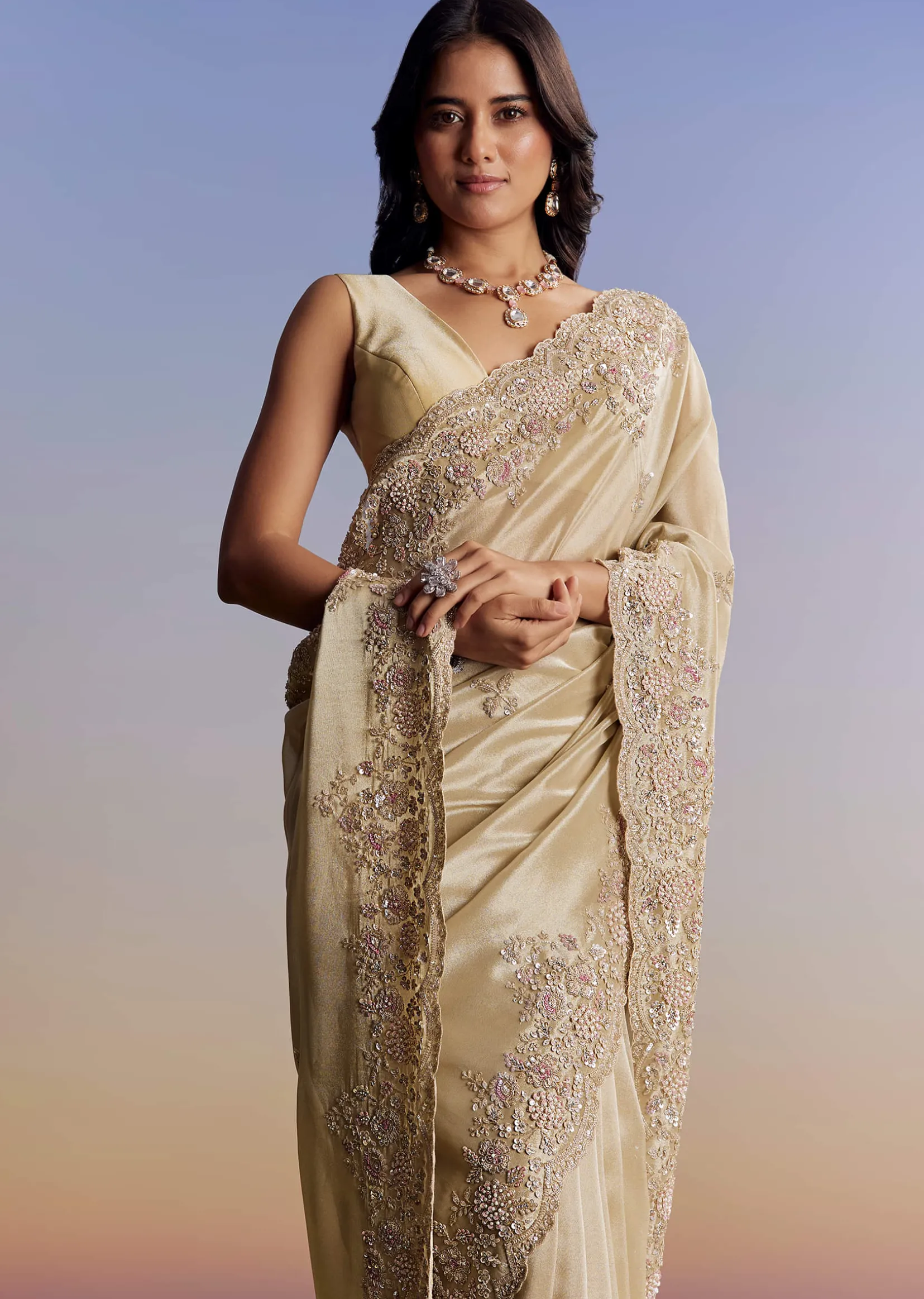 Gold Tissue Saree With Cut Dana Embroidery