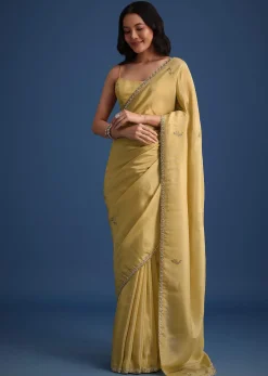 Gold Tissue Saree With Cutdana Embellished Border