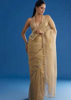 Gold Tissue Saree With Cutdana Sequins And Beads Embroidery