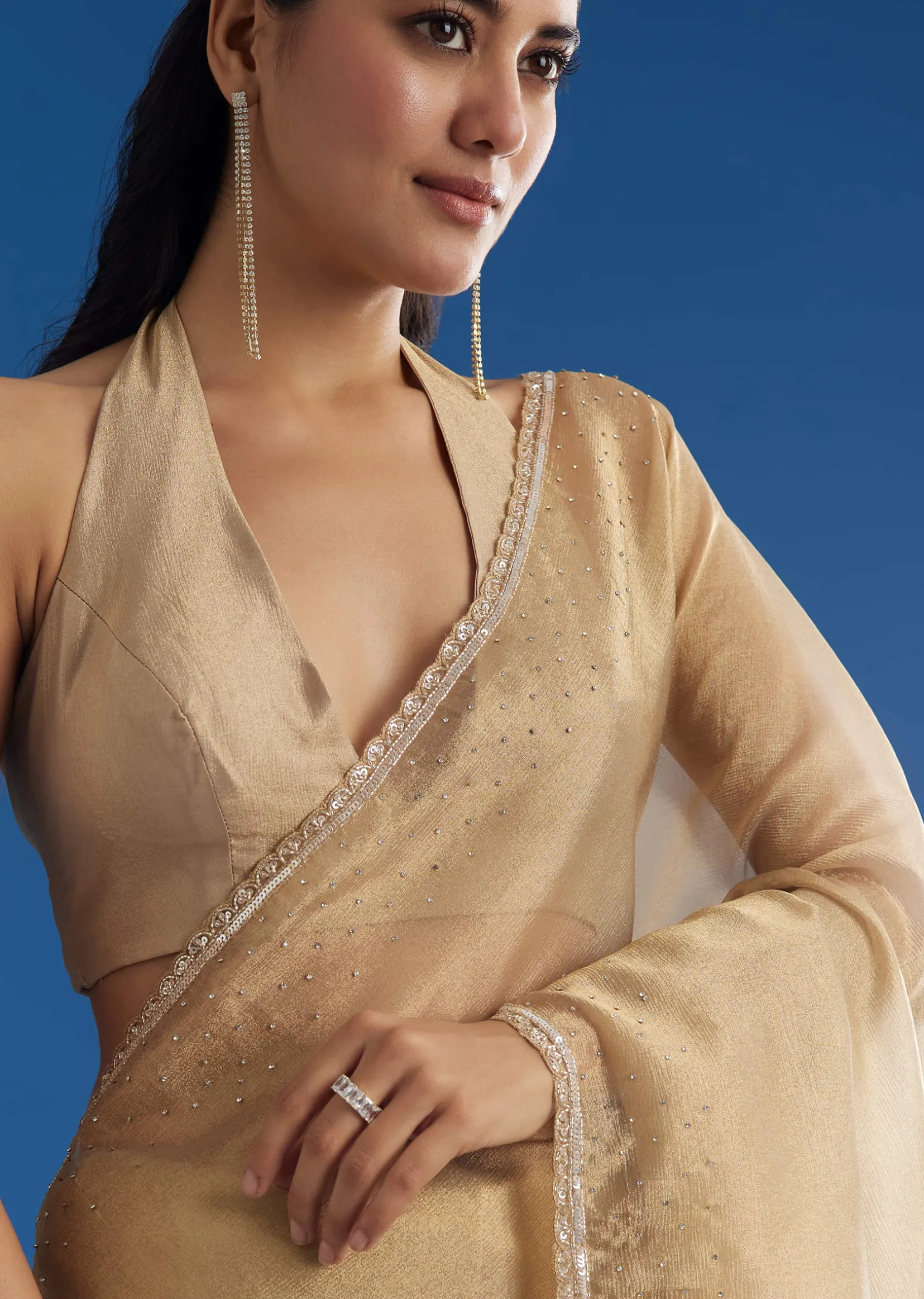 Gold Tissue Saree With Cutdana Sequins And Beads Embroidery