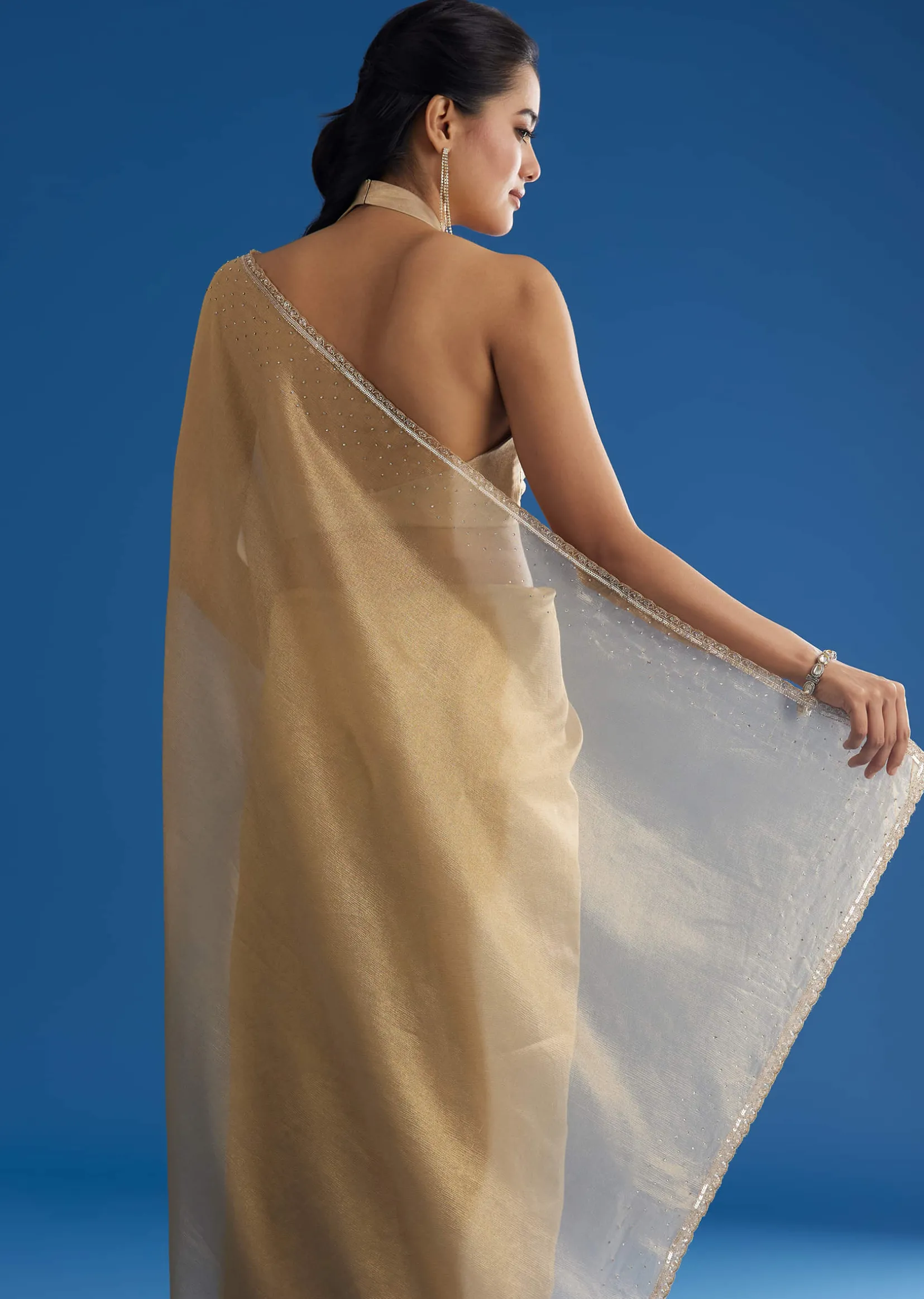 Gold Tissue Saree With Cutdana Sequins And Beads Embroidery