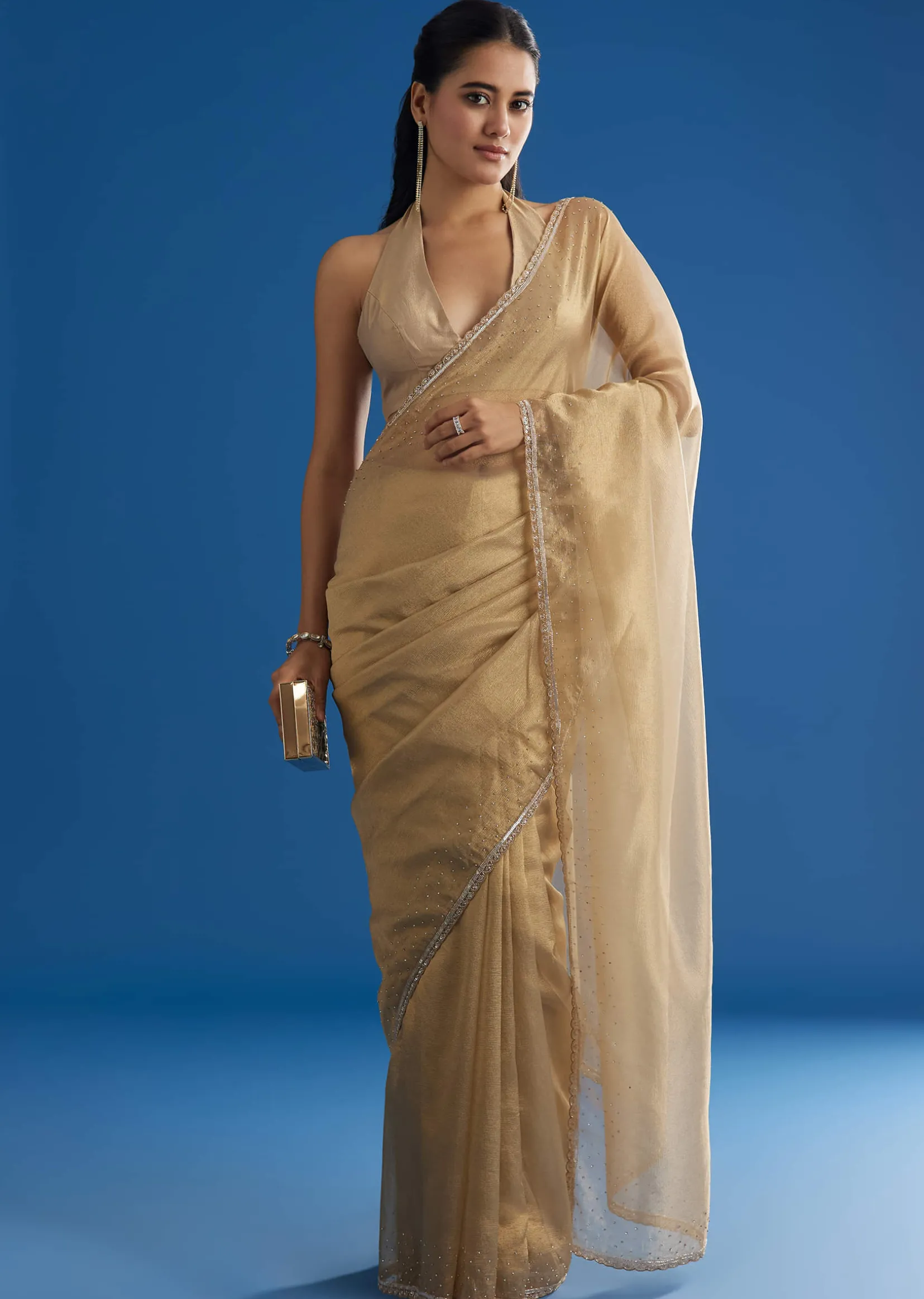 Gold Tissue Saree With Cutdana Sequins And Beads Embroidery