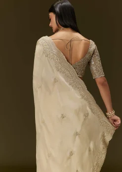 Gold Tissue Saree With Embroidered Brocade Blouse