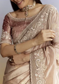 Gold Tissue Saree With Heavy Embroidered Border And Blouse