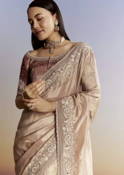 Gold Tissue Saree With Heavy Embroidered Border And Blouse