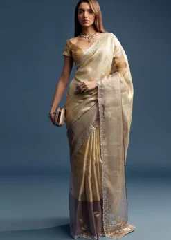 Gold Tissue Saree With Mirror Embroidery