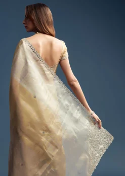 Gold Tissue Saree With Mirror Embroidery