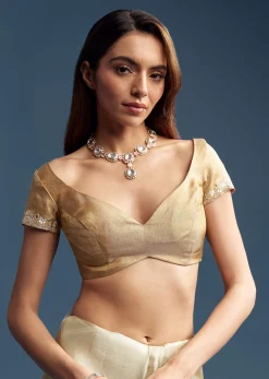 Gold Tissue Saree With Mirror Embroidery