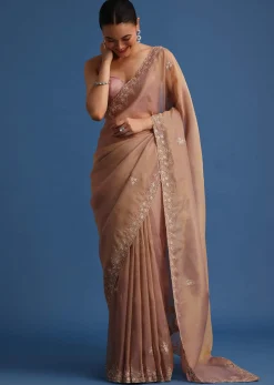 Gold Tissue Saree With Stones And Cutdana Embroidered Border