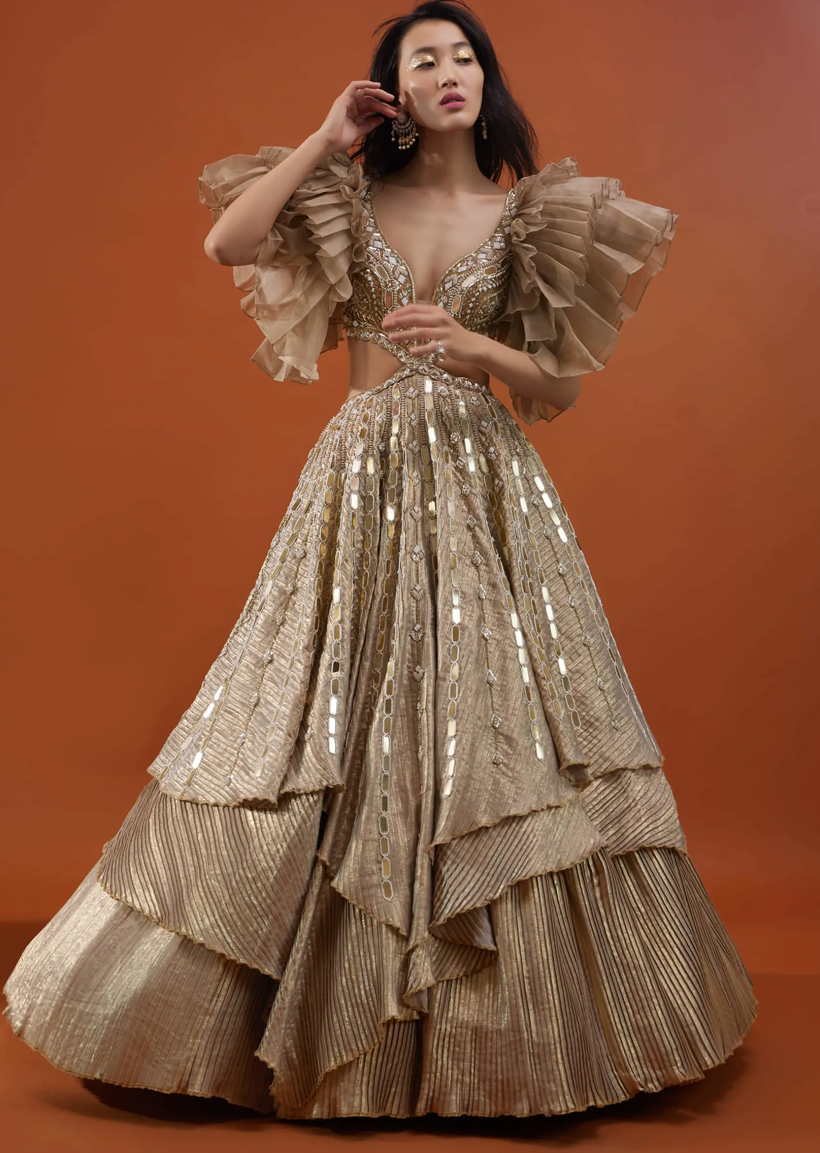 Gold Toned Embroidery Gown With Ruffle Sleeves - NOOR 2022
