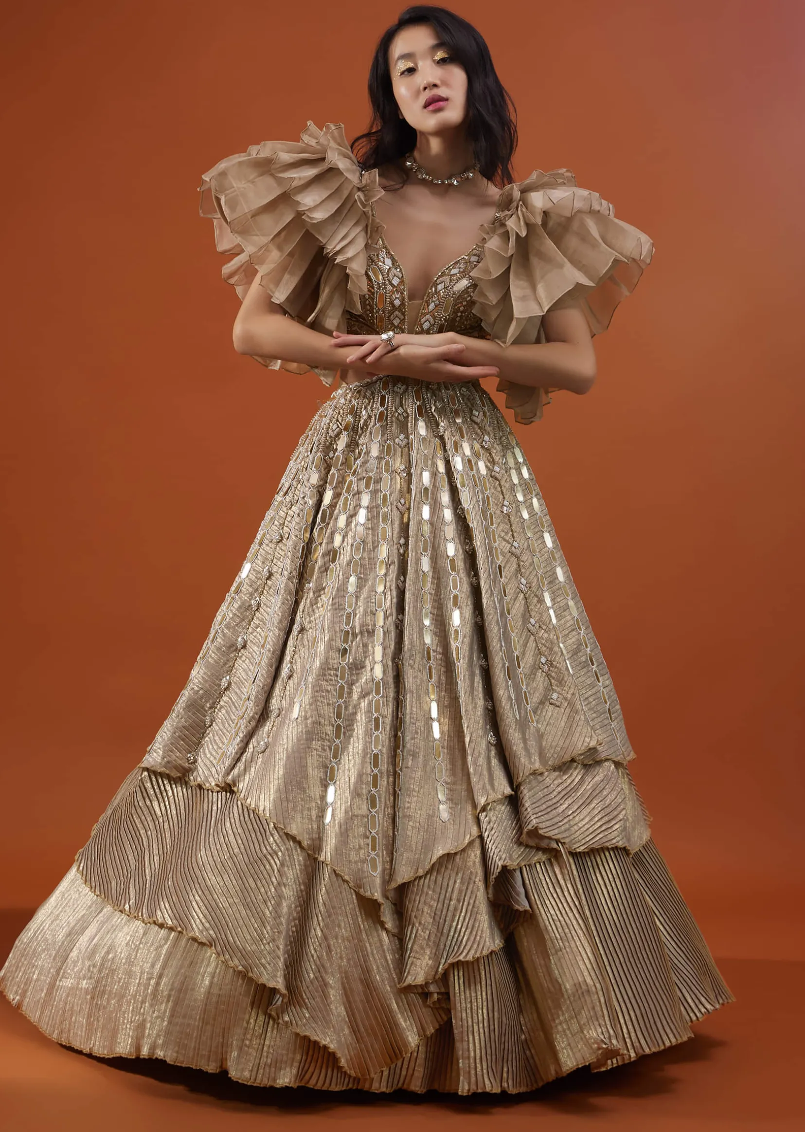 Gold Toned Embroidery Gown With Ruffle Sleeves - NOOR 2022