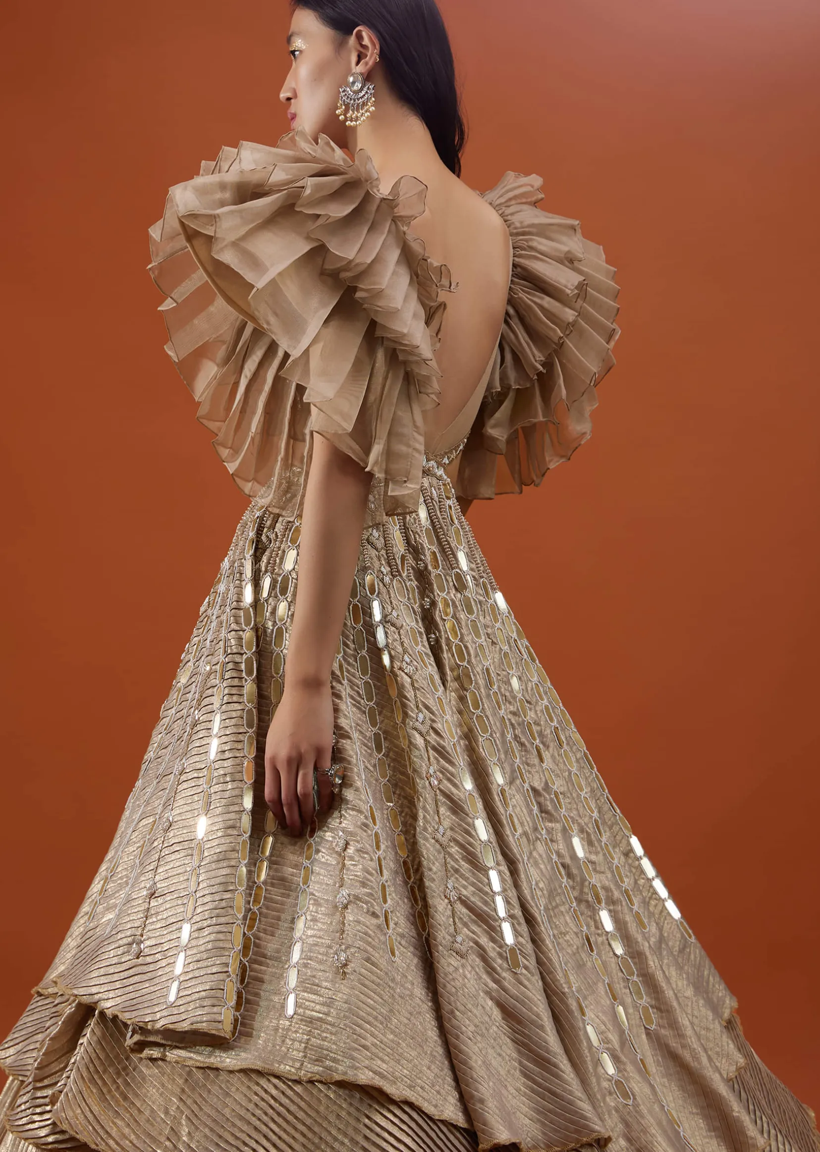 Gold Toned Embroidery Gown With Ruffle Sleeves - NOOR 2022