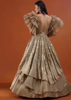 Gold Toned Embroidery Gown With Ruffle Sleeves - NOOR 2022