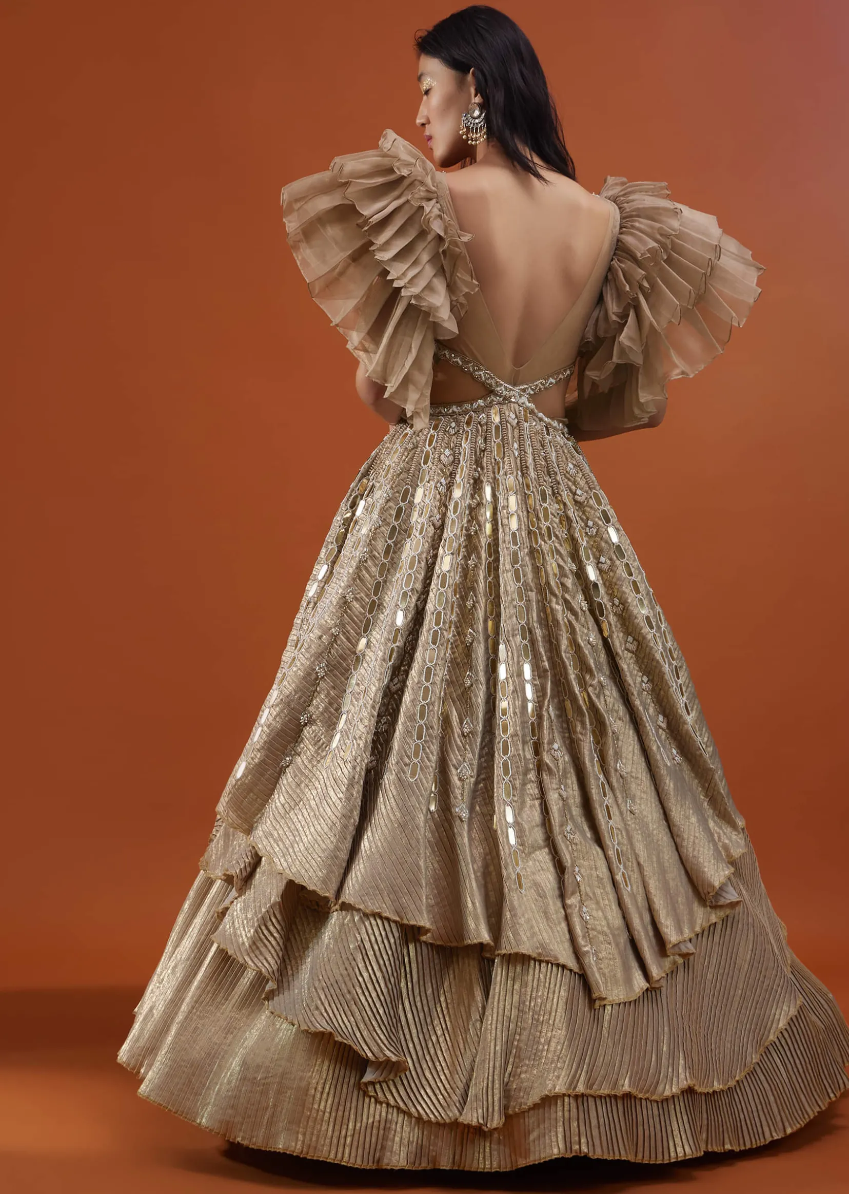 Gold Toned Embroidery Gown With Ruffle Sleeves - NOOR 2022