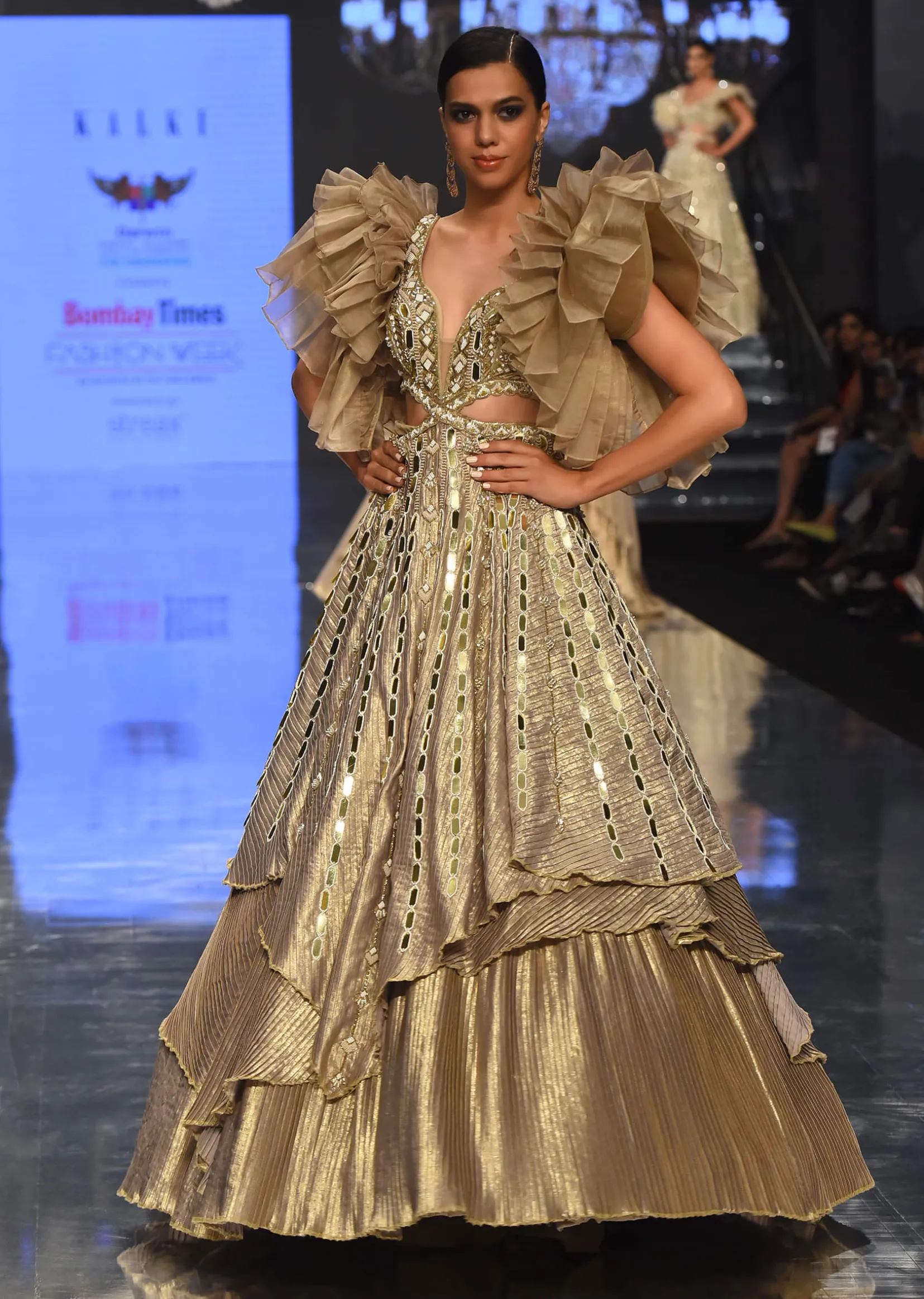Gold Toned Embroidery Gown With Ruffle Sleeves - NOOR 2022