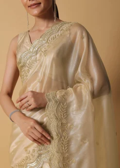 Gold Toned Foil Saree Fabricated In Tissue With Cut Dana Embellished Borders