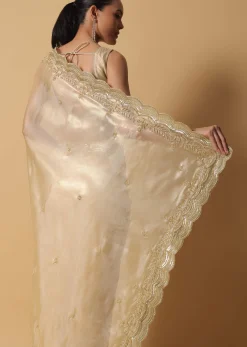 Gold Toned Foil Saree Fabricated In Tissue With Cut Dana Embellished Borders
