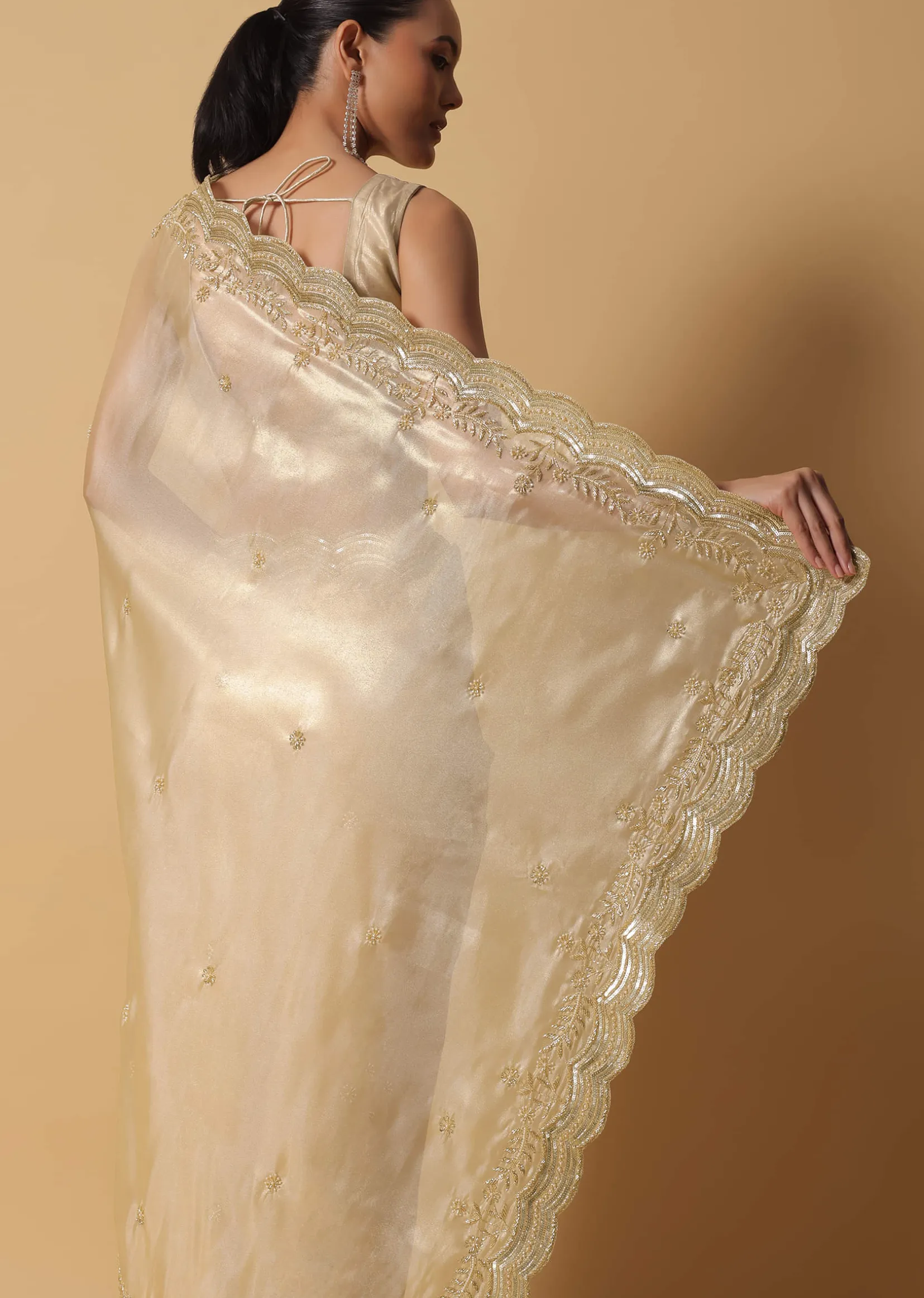 Gold Toned Foil Saree Fabricated In Tissue With Cut Dana Embellished Borders