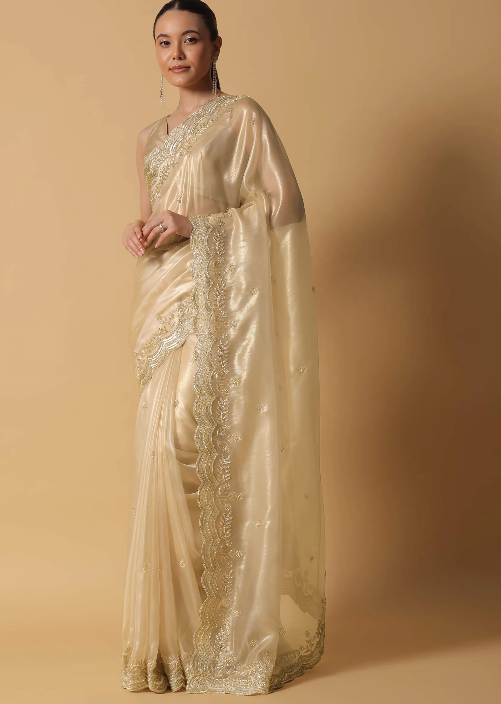 Gold Toned Foil Saree Fabricated In Tissue With Cut Dana Embellished Borders