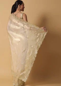 Gold Toned Foil Saree Fabricated In Tissue With Cut Dana Embellished Borders