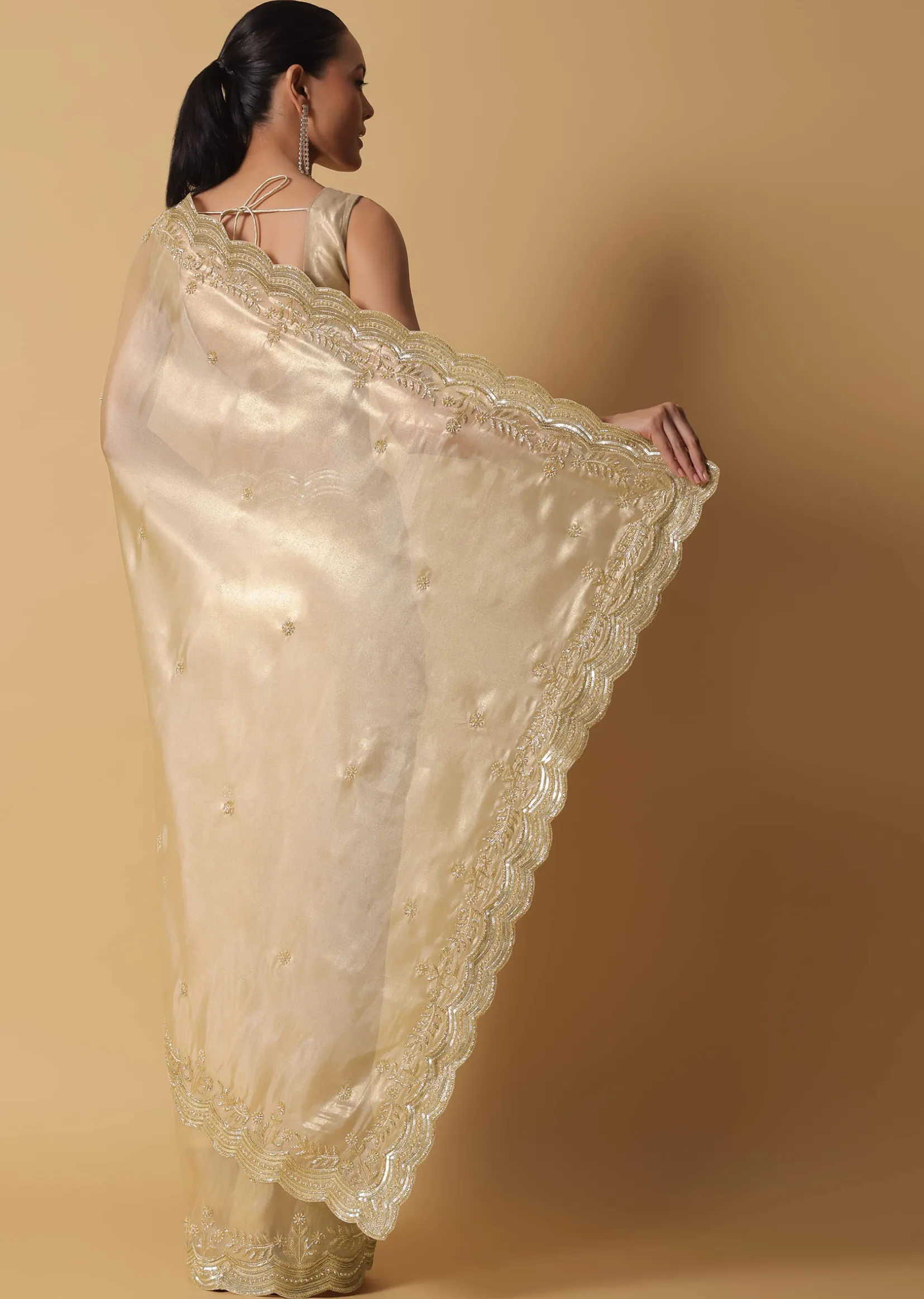 Gold Toned Foil Saree Fabricated In Tissue With Cut Dana Embellished Borders