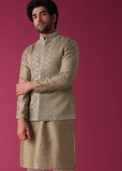 Gold Toned Jacket Kurta Set In Silk With Mirror Work