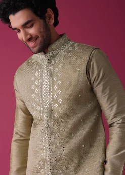 Gold Toned Jacket Kurta Set In Silk With Mirror Work