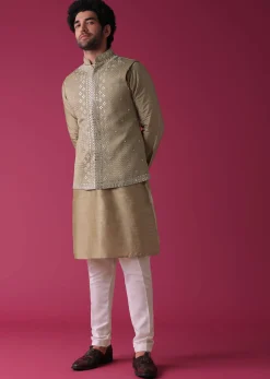 Gold Toned Jacket Kurta Set In Silk With Mirror Work